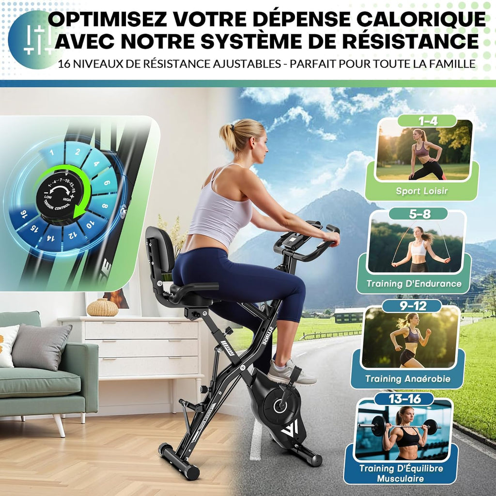 Bicicleta estática, SLUNSE Bicicleta estática 5 en 1 con 16 niveles de resistencia magnética, bicicleta estática plegable con 10 dB, bicicletas de fitness para entrenamiento cardiovascular en casa, capacidad de 160 kg