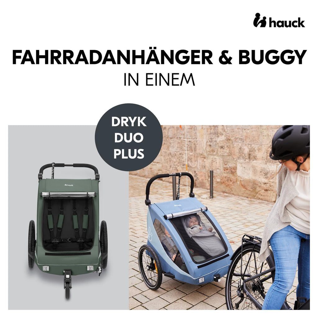 hauck Remolque de bicicleta y cochecito Dryk Duo Plus con suspensión, para 2 niños (6-48 meses), incluye barra de tiro, rueda de cochecito, bandera y luz LED, plegable, altura ajustable, maletero XL (verde oscuro)