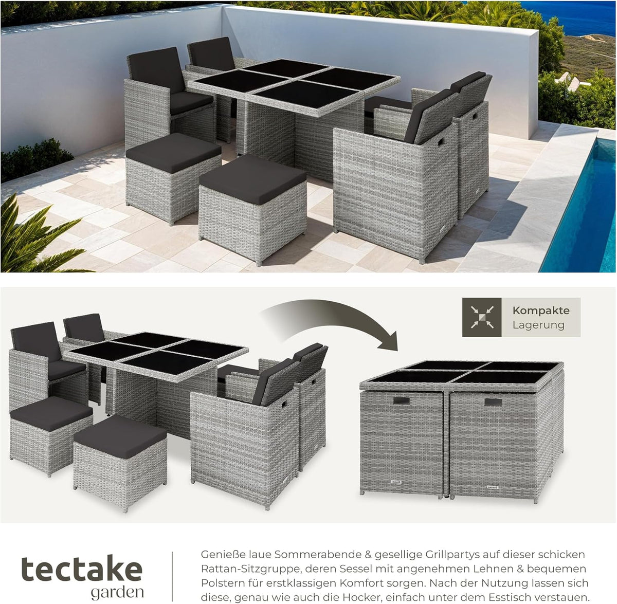 tectake® Juego de muebles de salón, 4 sillas, 4 taburetes, 1 mesa, almacenamiento en cubo que ahorra espacio, muebles de jardín de ratán para exterior, balcón, jardín y terraza, con funda y fundas de repuesto - gris claro