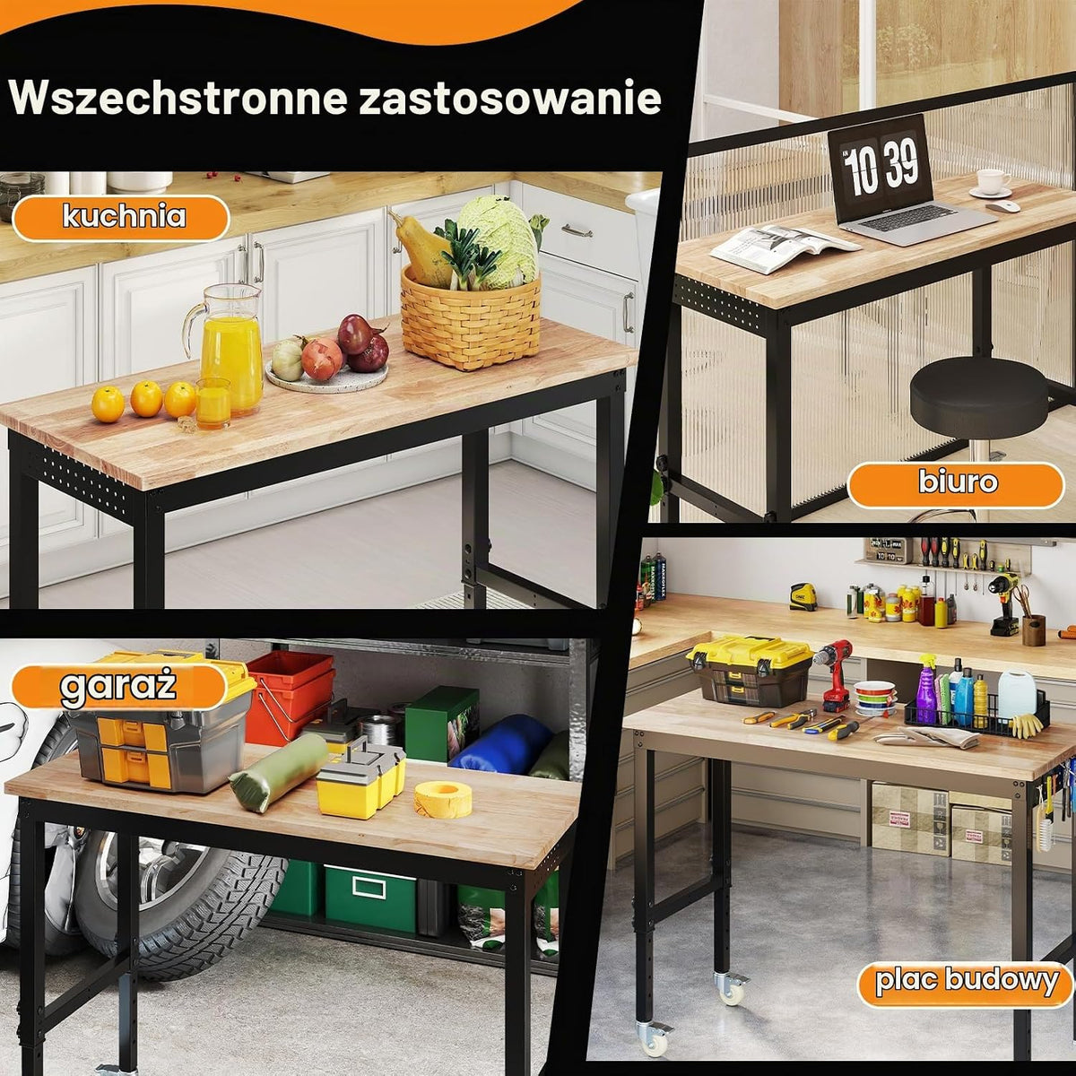 COSTWAY Regulowany stół warsztatowy na kółkach, stół roboczy z drewna gumowego z 2 płytkami perforowanymi i metalową ramą, udźwig 1100 kg, stół warsztatowy, stół narzędziowy o powierzchni roboczej 122
