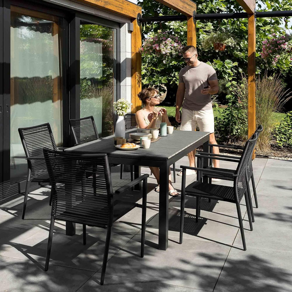 Mesa de jardín extensible di volio Drena 160x210 cm, mesa de terraza de aluminio resistente a la intemperie con aspecto de madera, mesa de comedor estable para jardín, terraza y balcón (gris)