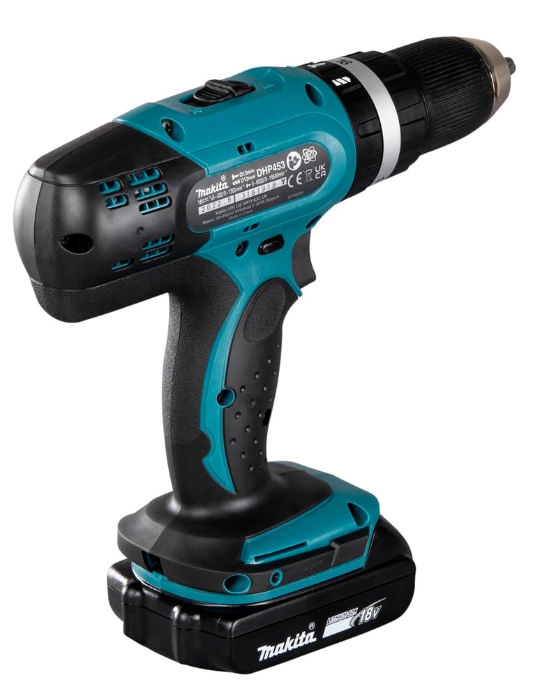 Taladro percutor a batería Makita DHP453RFX2 18 V 3000 mAh en maletín de aluminio con set de accesorios de 96 piezas, azul/plata