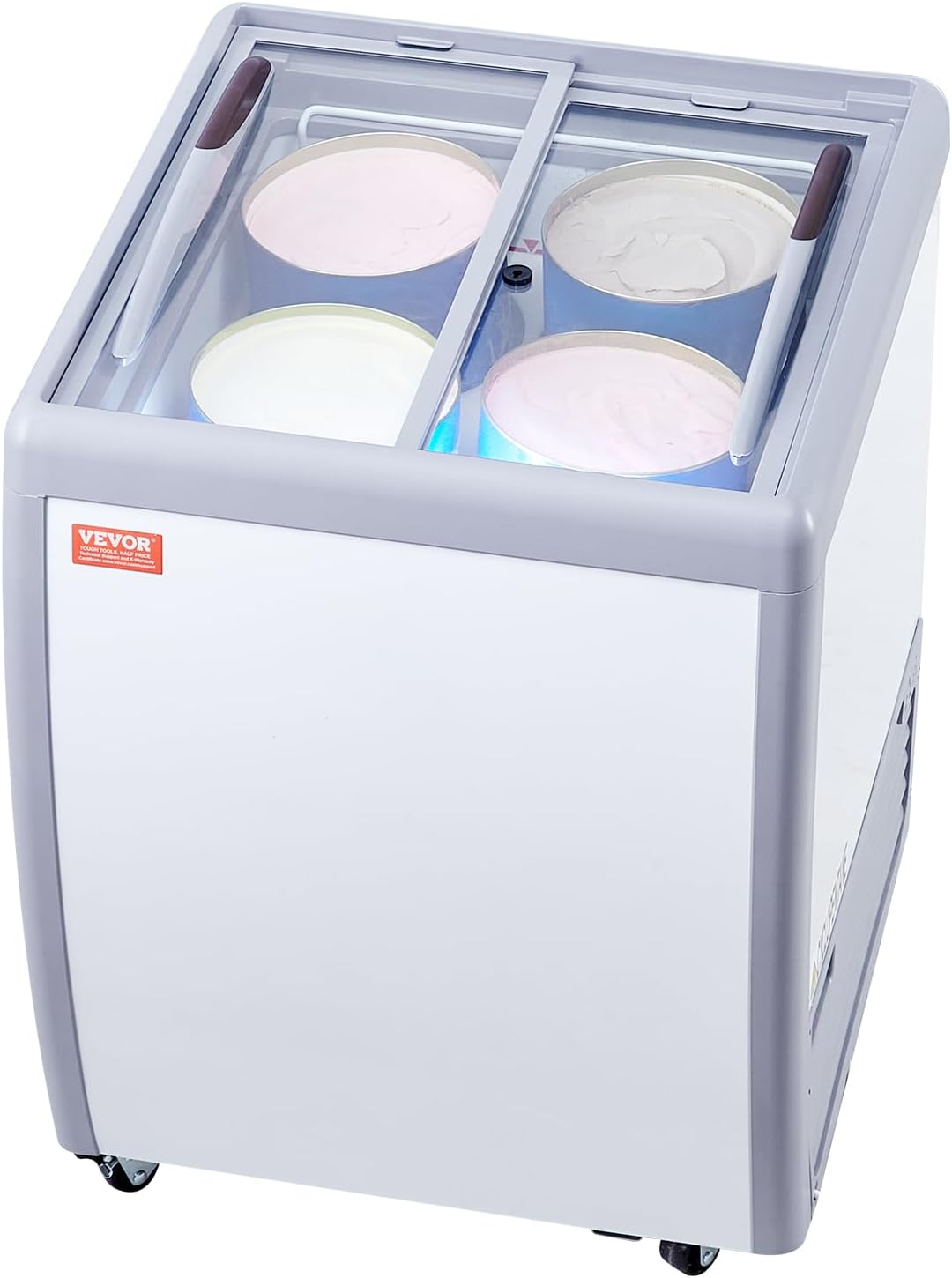Vitrina comercial para helados VEVOR, arcón congelador de 158 L, congelador móvil con tapa de cristal, vitrina para heladería de restaurante con 4 recipientes grandes, 2 puertas correderas de cristal, ruedas bloqueables, blanco