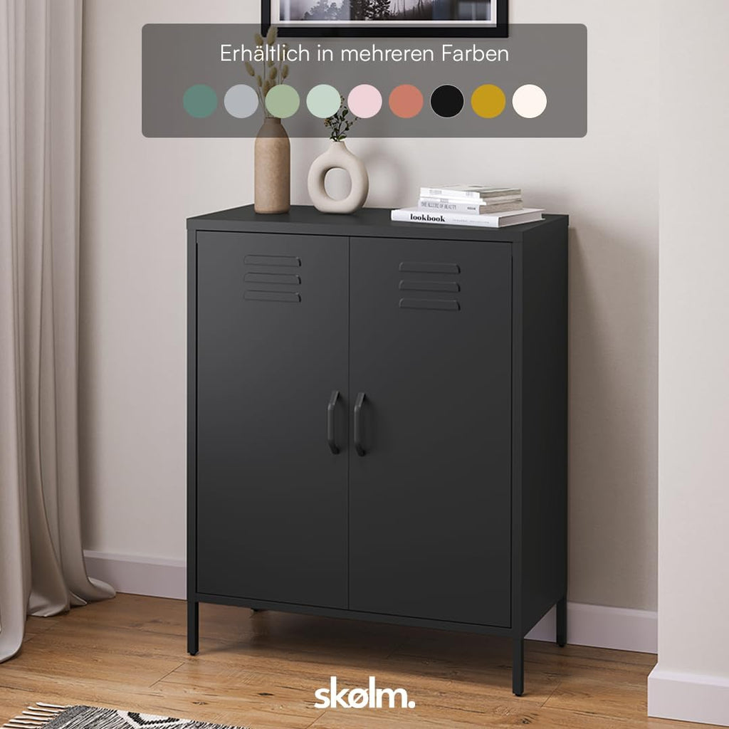 Cómoda de metal Atria de skølm – Aparador en negro – Armario metálico con 3 compartimentos y puertas dobles – Armario multiusos con estantes flexibles – Highboard estilo industrial – Armario de almacenaje/mueble recibidor