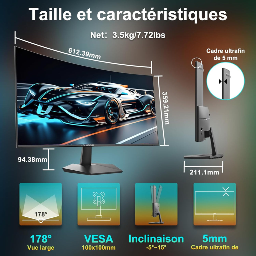 Monitor para PC curvo Minifire de 27 pulgadas y 100 Hz - Panel VA 1500R Full HD (1920 x 1080p), tiempo de respuesta MPRT de 1 ms, sRGB 110 %, filtro de luz azul, HDMI 1.4, Tipo-C 2,5 W, compatible con VESA - MF27C1