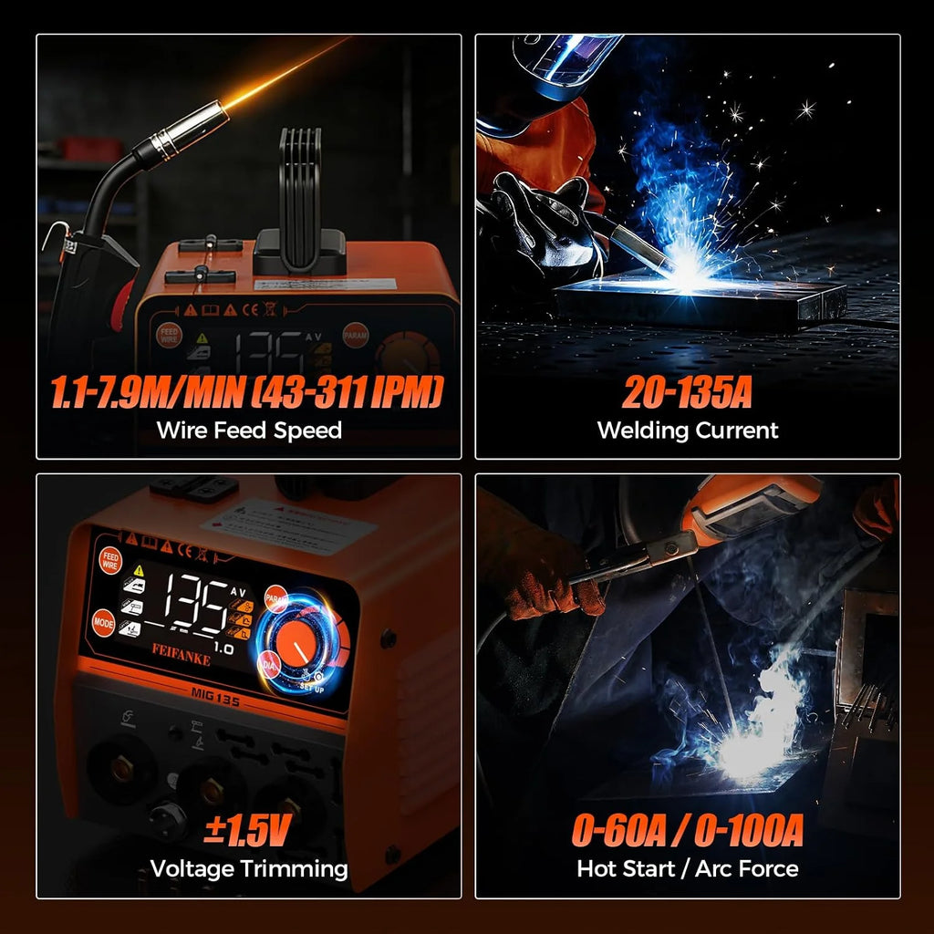FEIFANKE MIG135 Spawarka bezgazowa 135A 230V inwerter spawarka inwerterowa IGBT Mini Synergistyczna 3 w 1 TIG spawarka elektrodowa drut szybki posuw kompatybilny z drutem E308LFC-O
