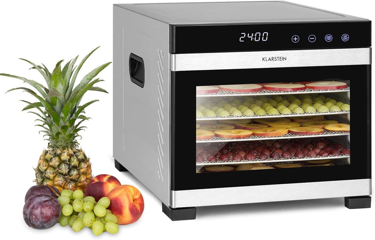 Deshidratador de alimentos Klarstein Flavour Dry con carcasa de acero inoxidable, 6 bandejas, pantalla táctil LCD, temporizador, circulación de aire de 360°, termostato digital, 35-75 °C