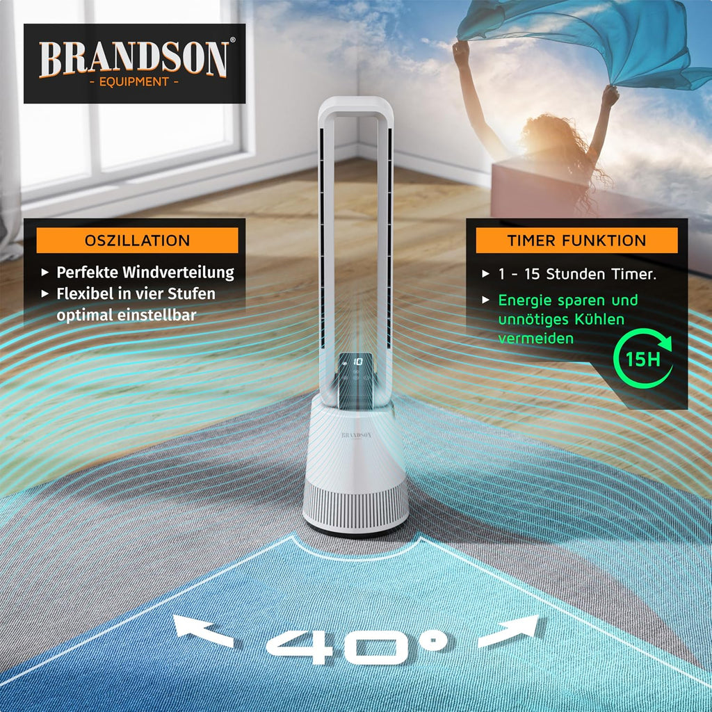Brandson - Ventilador de torre DC ECO Line - Motor DC muy silencioso - Modo sueño - Con mando a distancia - 3 modos - Oscilación - Eficiencia energética - Para dormitorio, oficina, salón, habitación infantil