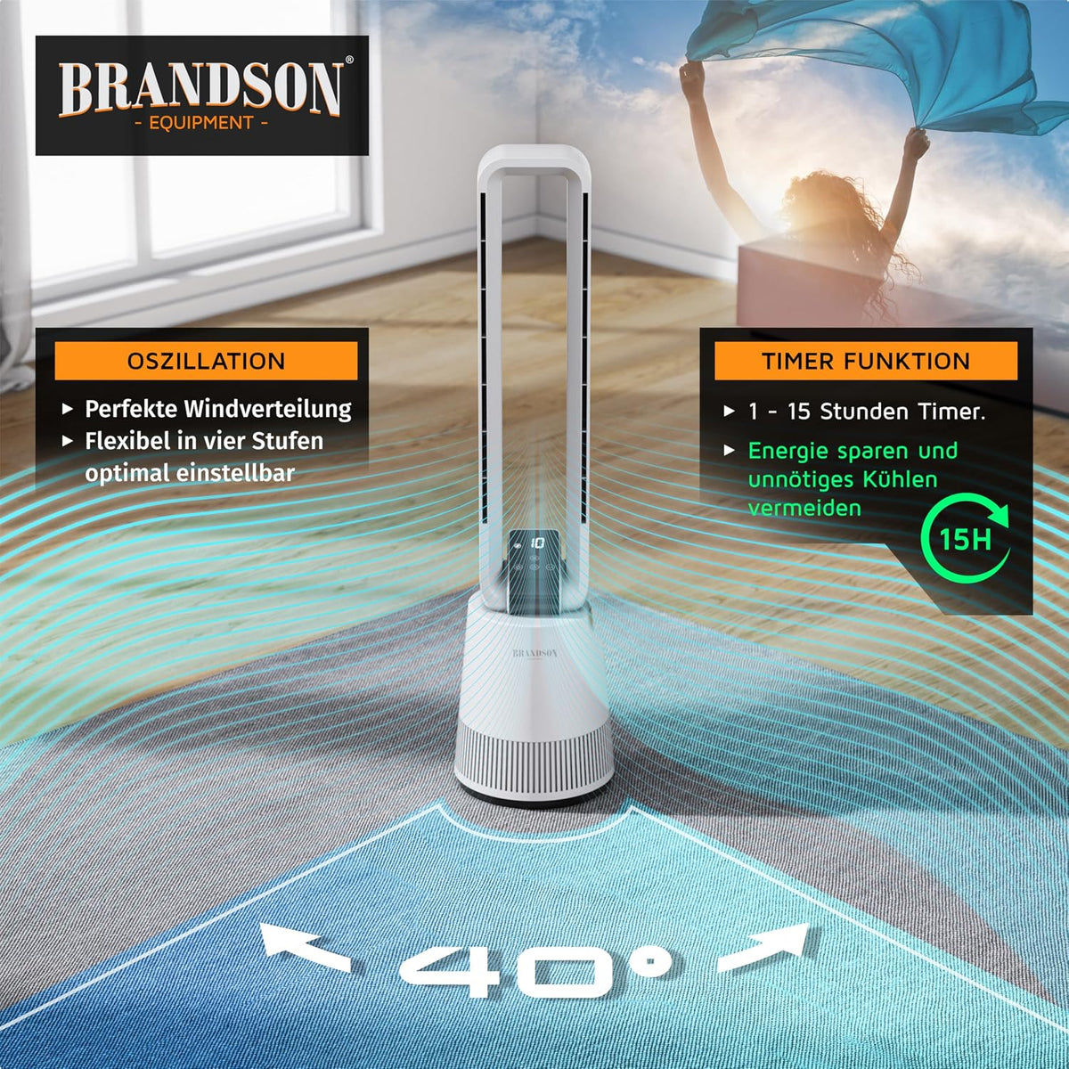 Brandson - Ventilador de torre DC ECO Line - Motor DC muy silencioso - Modo sueño - Con mando a distancia - 3 modos - Oscilación - Eficiencia energética - Para dormitorio, oficina, salón, habitación infantil
