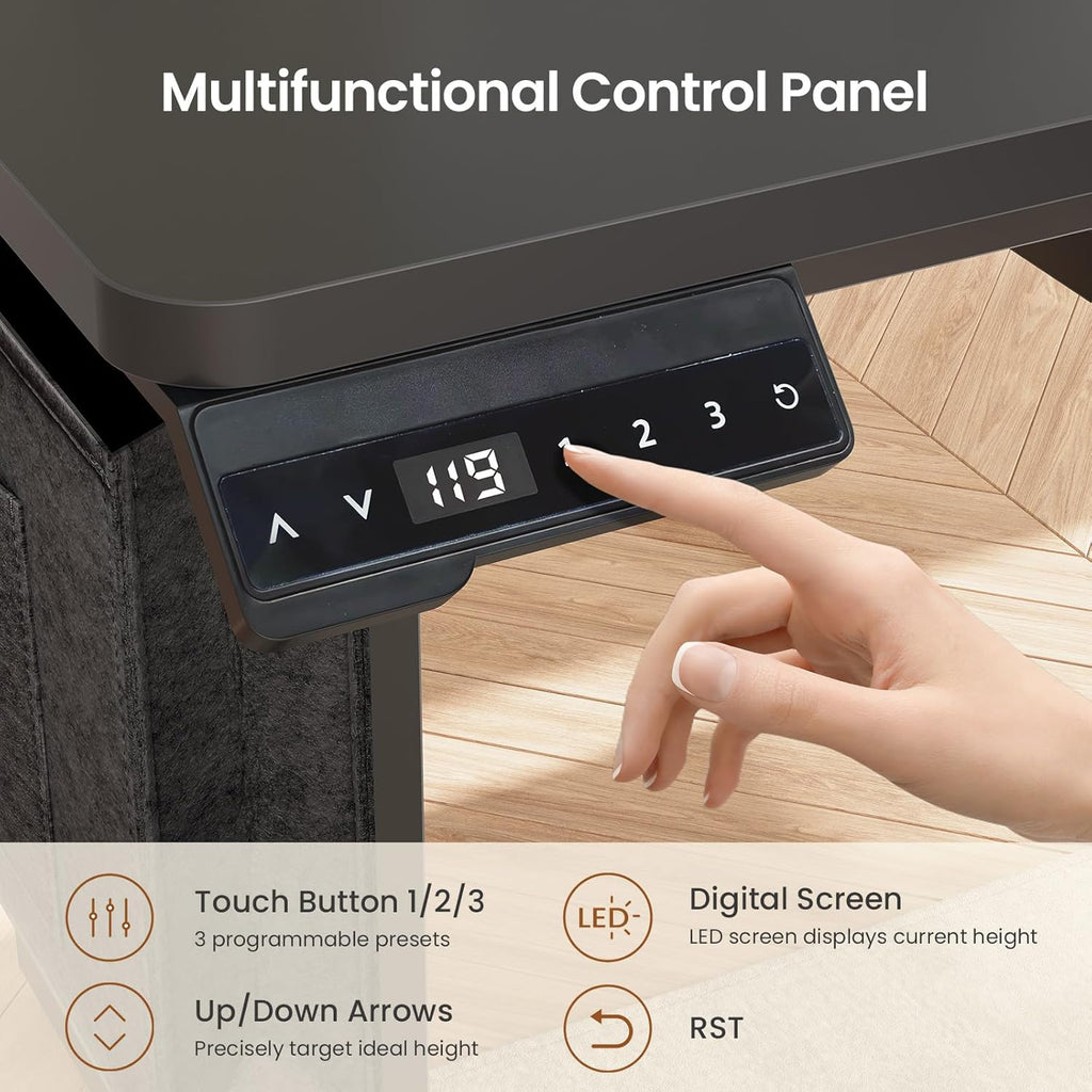 Escritorio de pie eléctrico en forma de L SEDETA con archivador, escritorio de computadora para oficina en casa de 63 x 53'' con altura ajustable, cajones, toma de corriente, mesa de juegos de pie con luces LED, bandeja para teclado, negro