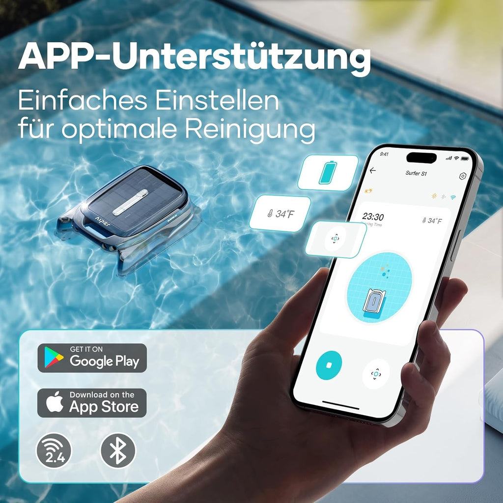 Limpiador de superficie para piscinas AIPER Surfer S1, robot de piscina con batería y energía solar, limpieza de superficie de agua, 20 horas de autonomía, aplicación inteligente, temperatura del agua, ideal para todo tipo de piscinas
