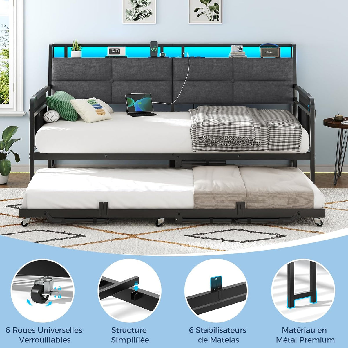 Sofá cama Brinlawb con cama nido, diván de 90x200 (180x200) cm, diván extraíble con iluminación LED y estación de carga (2 tomas de corriente CA, 2 puertos USB), cama individual y cama doble, cama de invitados