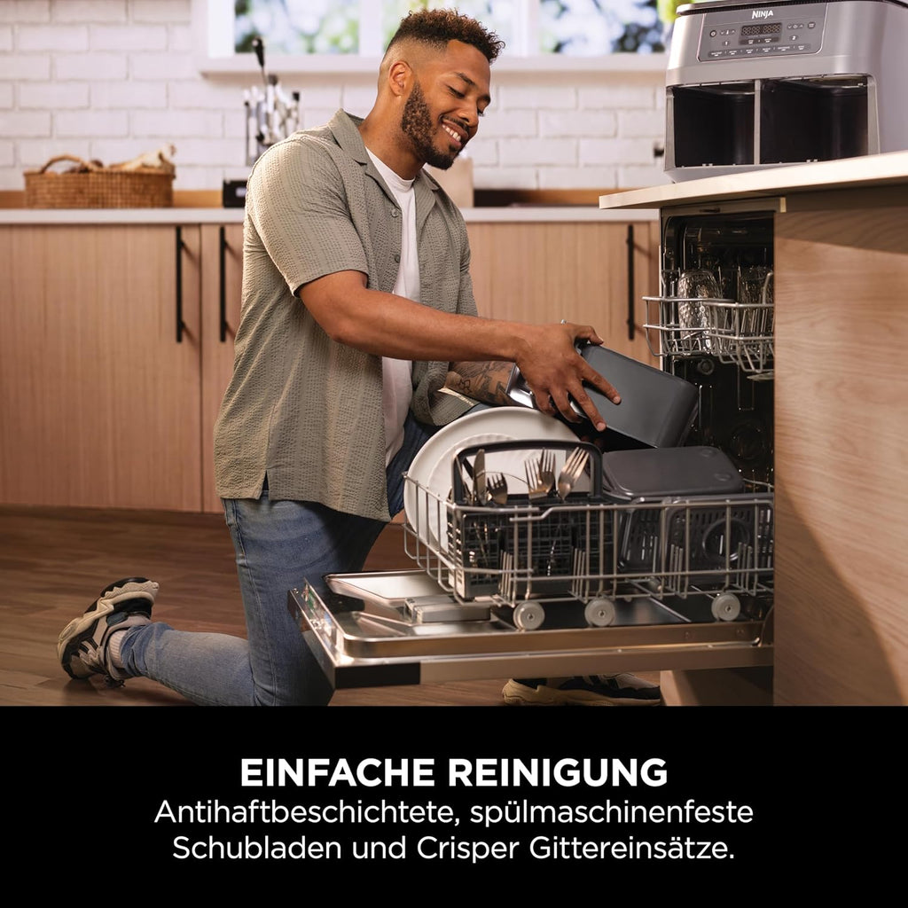 Freidora de aire digital de doble zona Ninja, 2 cajones, 6 en 1, freidora de aire sin aceite, 7,6 L, freír con aire, Max Crisp, asar, hornear, recalentar, cestas aptas para lavavajillas, gris metálico DZ300EU