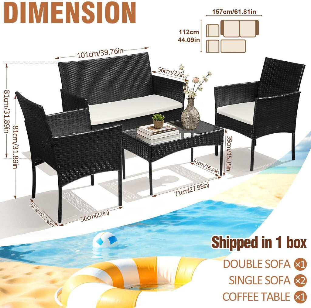 Set de muebles de jardín de ratán sintético para 4 personas, con sofá de 2 plazas, 2 sillas, mesa y cojines, resistente a la intemperie, conjunto de muebles de terraza y balcón en negro para jardín, patio y balcón
