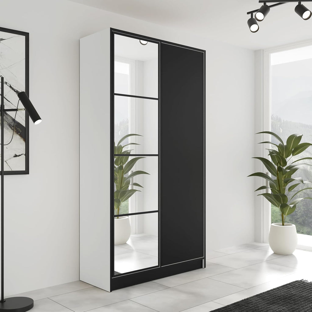 KIER FURNITURE Armario con espejo - Armario dormitorio - Armario recibidor - Barra de colgar extraíble - Eden v4 - AnxAlxPr 104,8x205x39cm - 2 puertas - Blanco y negro