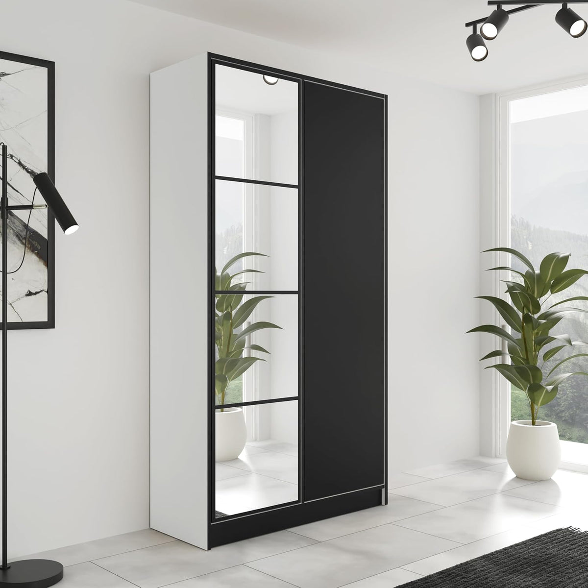 KIER FURNITURE Armario con espejo - Armario dormitorio - Armario recibidor - Barra de colgar extraíble - Eden v4 - AnxAlxPr 104,8x205x39cm - 2 puertas - Blanco y negro