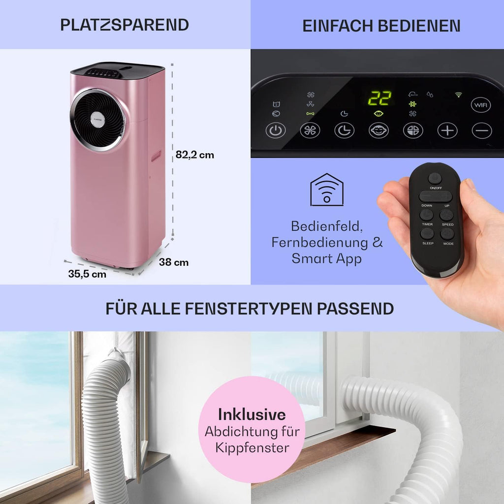 Acondicionador de aire portátil Klarstein con manguera de escape, unidad de climatización 5 en 1, ventilador, deshumidificador, purificador de aire y modo nocturno, control por aplicación, pequeño y portátil, para hogar y oficina, 12000 BTU