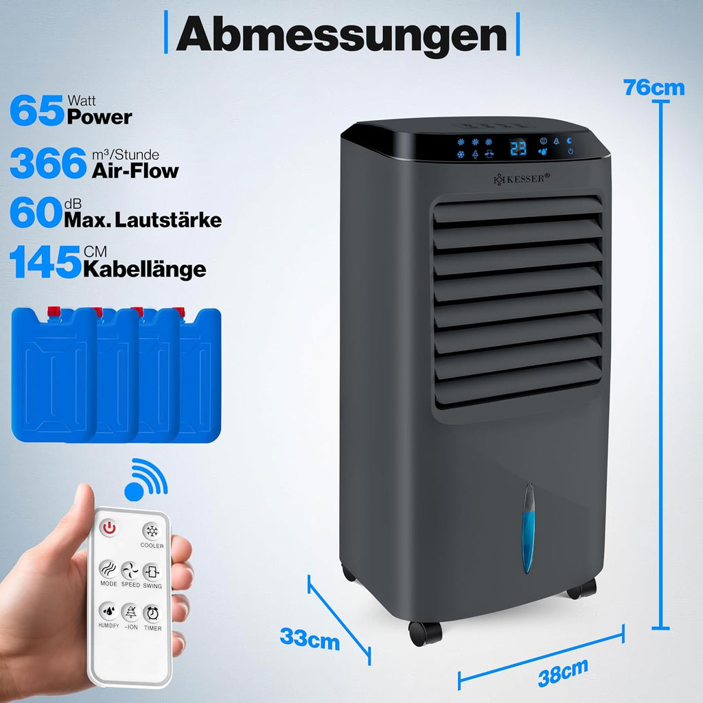 KESSER® Aire acondicionado móvil 4 en 1, enfriador de aire con mando a distancia y temporizador, depósito de agua de 10 L, ionizador y humidificador, ventilador, climatizador sin tubo de escape, 3 niveles, incluye acumuladores de frío