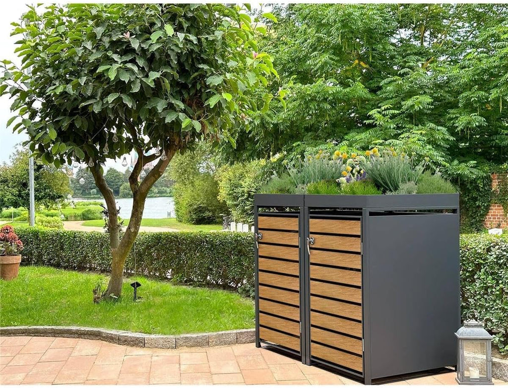 Caja para 2 cubos de basura Metzler de 240L en antracita y efecto madera con techo para plantas y franjas visuales, revestimiento para 2 cubos con tapa automática, caseta para basura de acero con recubrimiento en polvo inoxidable, con cerradura