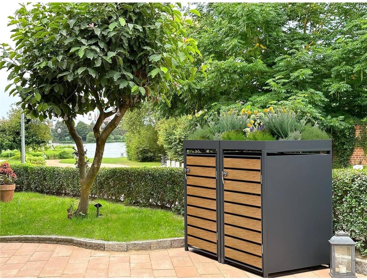 Caja para 2 cubos de basura Metzler de 240L en antracita y efecto madera con techo para plantas y franjas visuales, revestimiento para 2 cubos con tapa automática, caseta para basura de acero con recubrimiento en polvo inoxidable, con cerradura