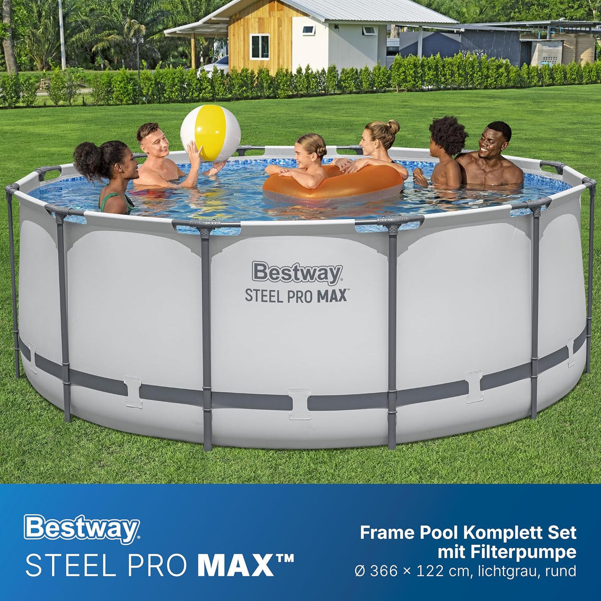 Set de piscina elevada  Bestway® Steel Pro MAX™ con bomba de filtrado, Ø 366 x 122 cm, gris claro, redonda