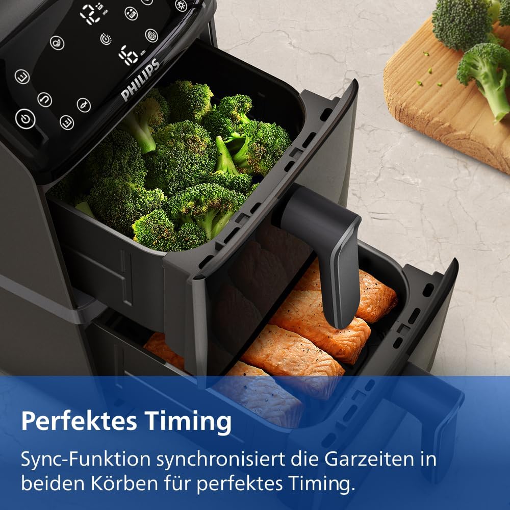 Philips Airfryer Serie 4000 de doble cesta apilada, freidora de aire de 2 compartimentos, 10 l, tecnología RapidAir, 45 % menos de espacio, revestimiento cerámico libre de PFAS, ventana de visualización (NA460/00)