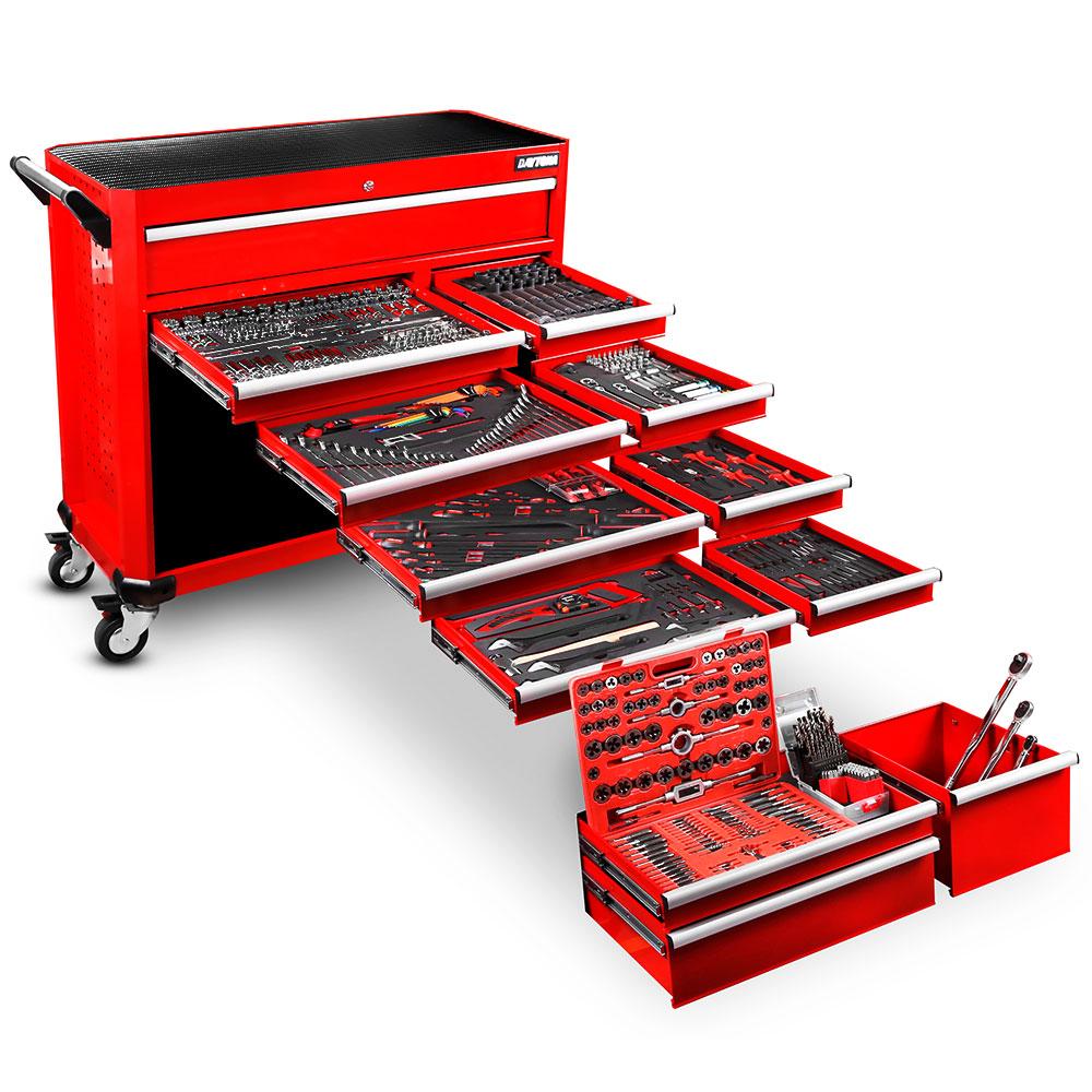 Juego de herramientas mecánicas Daytona de 655 piezas con gabinete rodante rojo de 12 cajones y 43 pulgadas