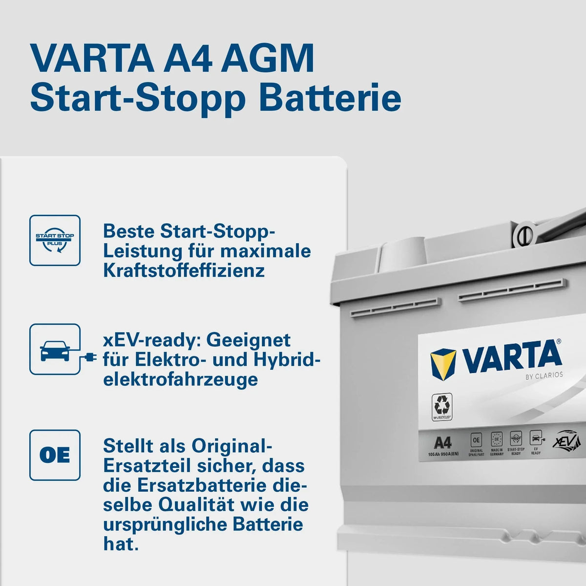 Batería VARTA Silver Dynamic AGM A4 Start-Stop xEV 12V 105Ah 950A, batería de arranque para coches con altas necesidades energéticas