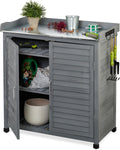 Relaxdays Mesa de cultivo con armario inferior, 3 ganchos, madera, encimera de zinc, Al x An x Pr: 92 x 90 x 45 cm, armario de jardín, gris