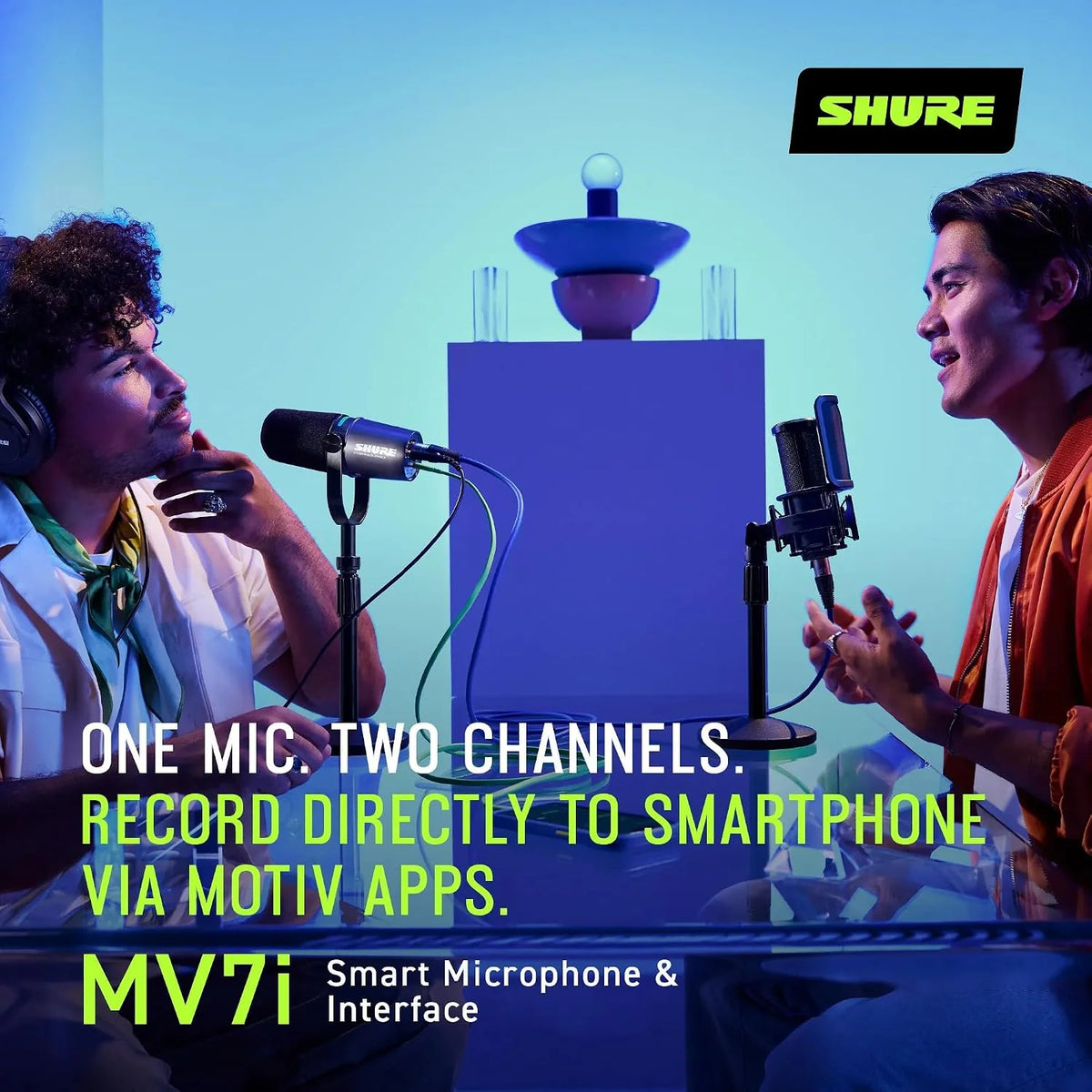 Shure Mikrofon MV7i Smart Podcast + Wbudowany Interfejs Audio – Zestaw Sprzętu z 2 Kanałami dla Podwójnych Mikrofonów XLR lub Mikrofon + Instrumenty XLR - Bezpośrednie Połączenie USB-C z PC/Telefonem