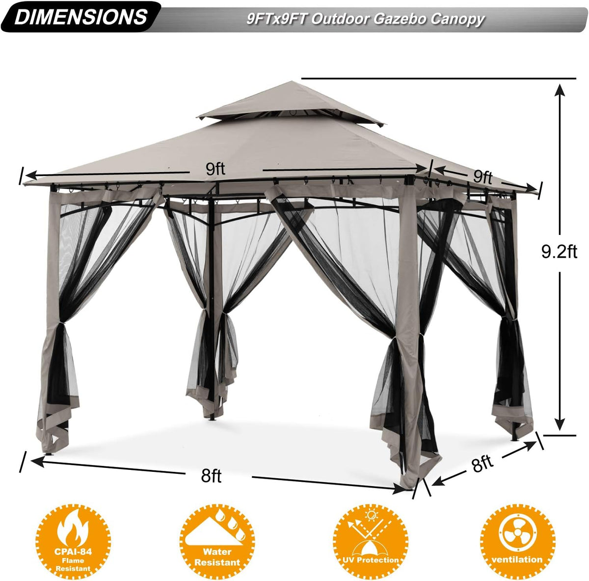 ABCCANOPY Gazebo 2.5x2.5m Impermeable Estable Resistente al invierno, cenador de jardín, techo doble de tela, carpa para fiestas en el patio trasero con malla para sombra y lluvia, Gris