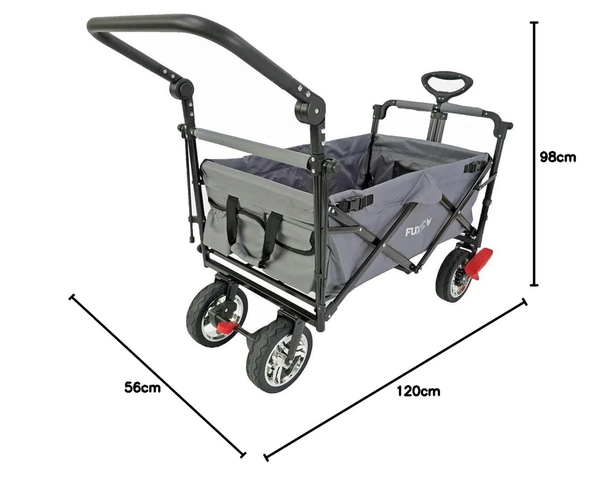 Carrito plegable FUXTEC FX-CT700, carro plegable gris para el transporte de niños, ciudad, campo, playa o montaña - con capota anti-UV, asa de empuje, freno de mano delantero y trasero, el original