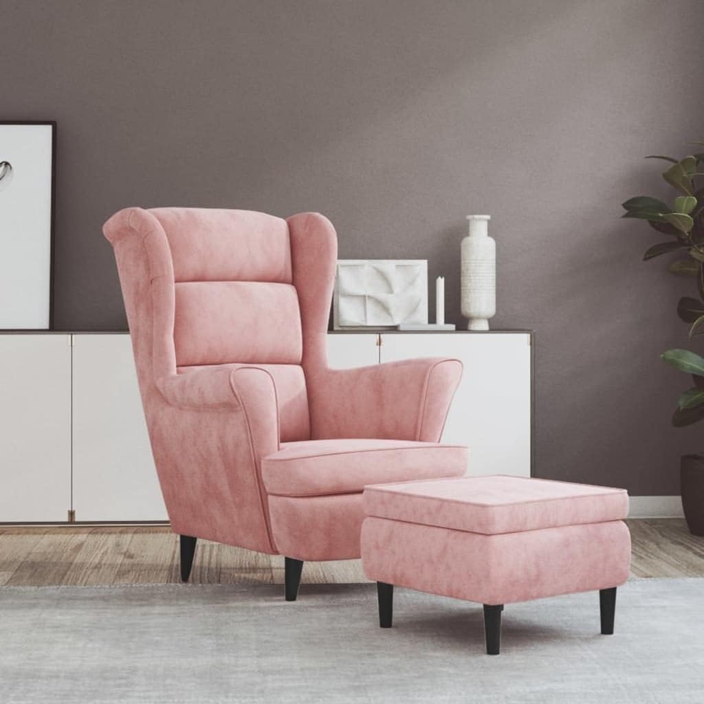 vidaXL Sillón orejero con reposapiés, reposabrazos, sillón de TV, sillón tapizado, sillón lounge, sillón de salón, sillón de descanso, sillón relax, terciopelo rosa