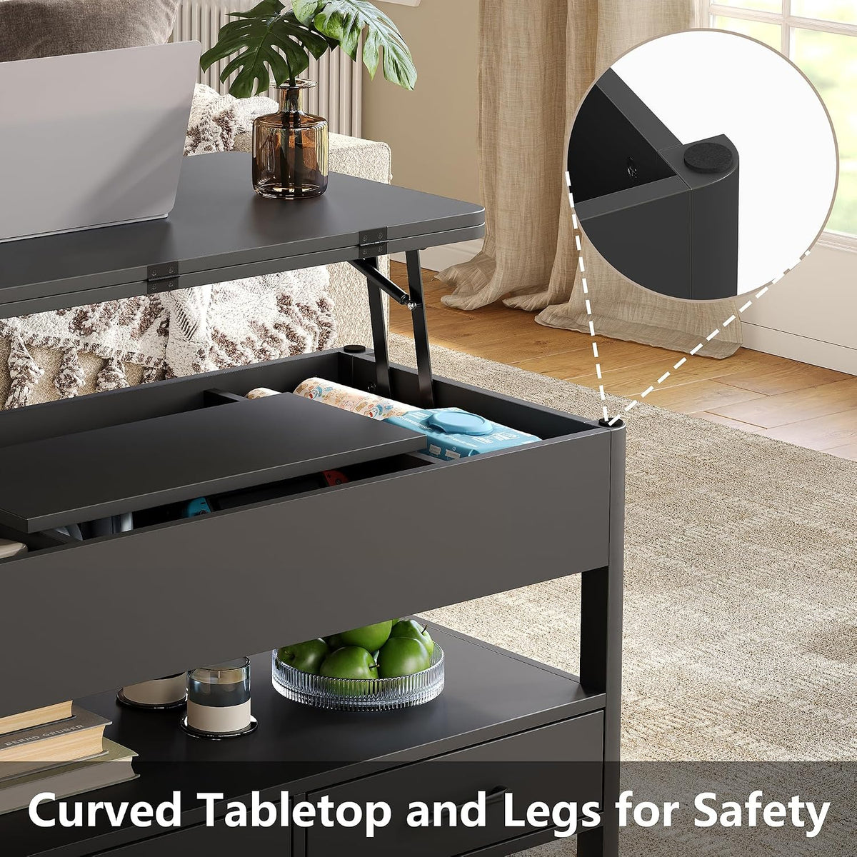 Mesa de centro elevable Furnihold con cajones y compartimento secreto, mesa de salón convertible en mesa de comedor, negro