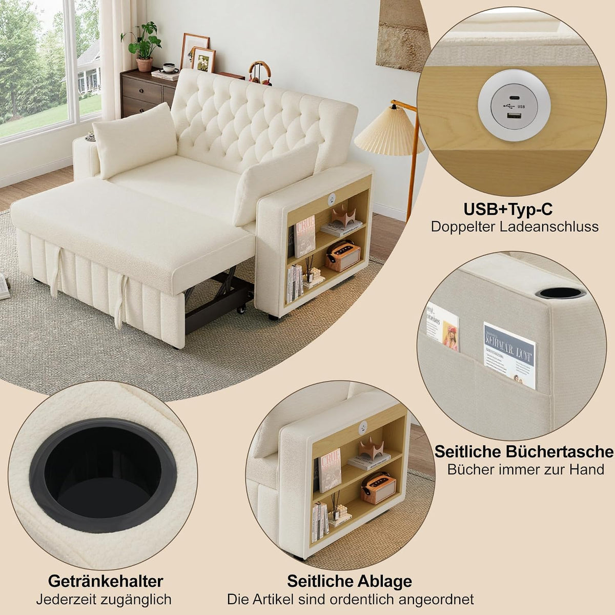 Sofá cama multifuncional 3 en 1 Merax con almacenamiento, USB y portavasos – Sofá cama de 2 plazas moderno y extensible para salón y habitación de invitados