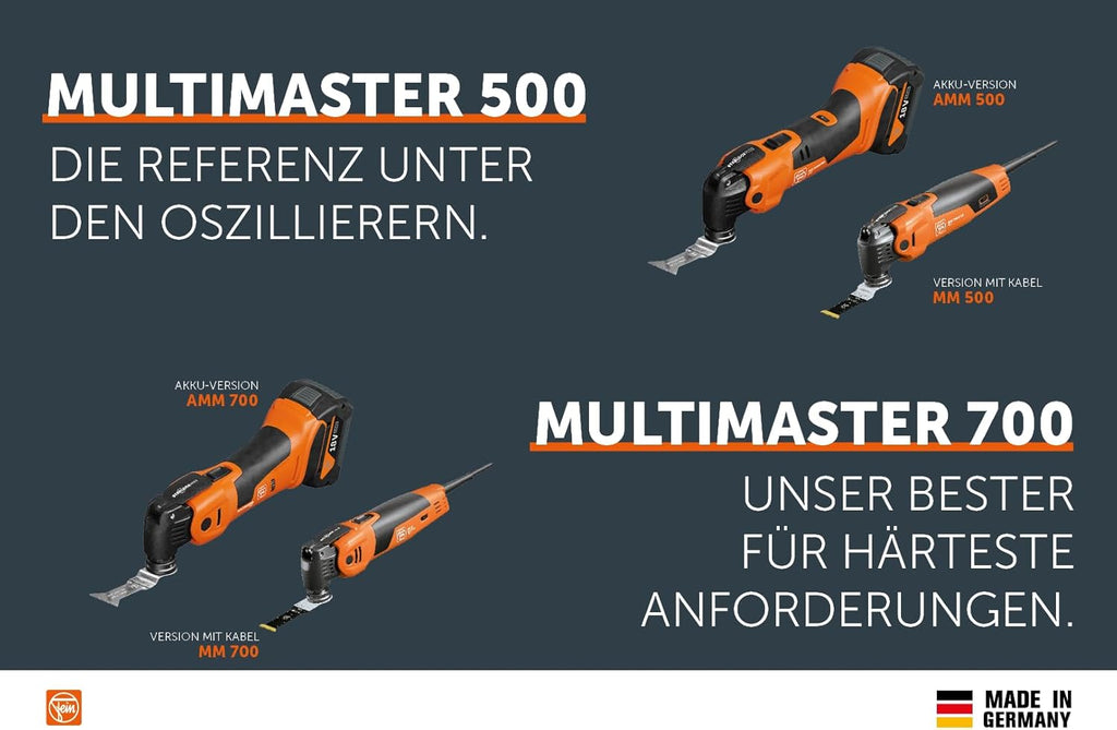 FEIN Multimaster MM 700 Max Top, nuestra mejor multiherramienta con 60 accesorios para serrar, lijar y cortar, 450 W, sistema antivibraciones, encastre StarlockMax, cambio de herramienta QuickIN