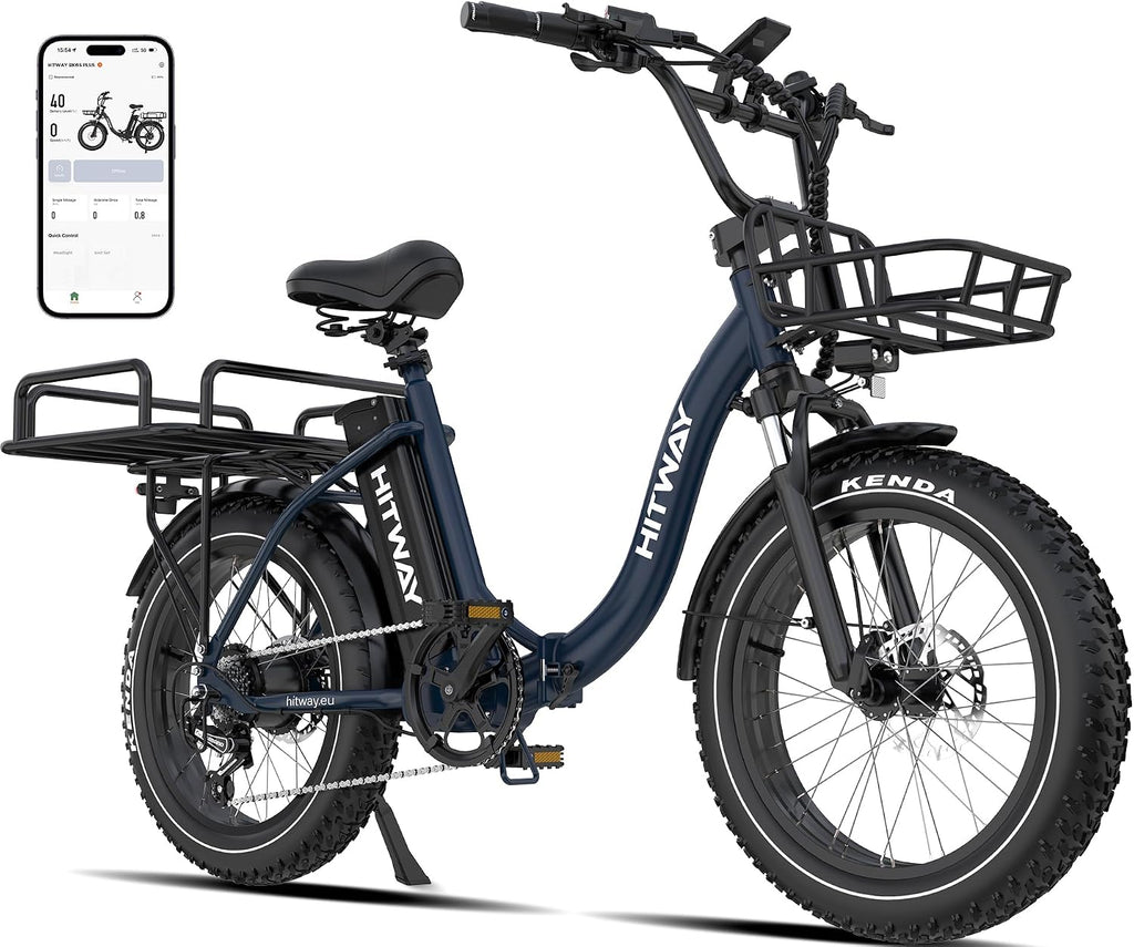 Bicicleta eléctrica HITWAY BK6S Plus con batería de 48V 27Ah y autonomía de 110-150 km, bicicleta eléctrica urbana con neumáticos gruesos de 20 pulgadas y doble cesta portaequipajes, motor de 250W, 25 km/h, cambio de 7 velocidades