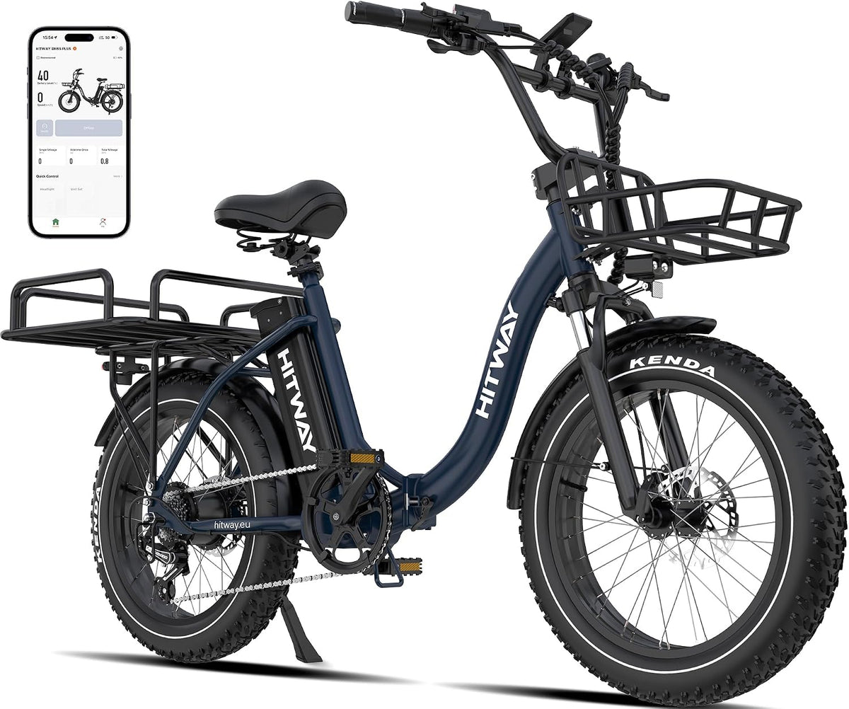 Bicicleta eléctrica HITWAY BK6S Plus con batería de 48V 27Ah y autonomía de 110-150 km, bicicleta eléctrica urbana con neumáticos gruesos de 20 pulgadas y doble cesta portaequipajes, motor de 250W, 25 km/h, cambio de 7 velocidades