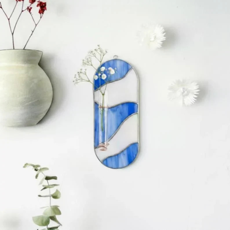 Jarrón de pared de vidrio tintado, onda naranja-rosa, técnica Tiffany con lámina de cobre, con tubo de ensayo | Estación de propagación, decoración de pared