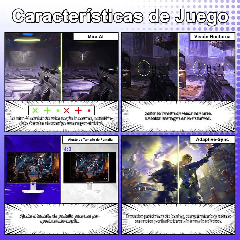 Amzfast Monitor Gamer de 24.5 pulgadas - 320Hz/240Hz, FHD 1920x1080, Pantalla Fast IPS, 1ms MPRT, 120% sRGB, Luz azul reducida, HDR, Adaptive Sync, VESA 100x100, HDMI 2.0x2/DP 1.4x2, Blanco - AMZG25F6F