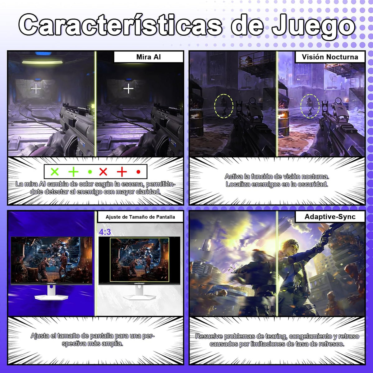 Amzfast Monitor Gamer de 24.5 pulgadas - 320Hz/240Hz, FHD 1920x1080, Pantalla Fast IPS, 1ms MPRT, 120% sRGB, Luz azul reducida, HDR, Adaptive Sync, VESA 100x100, HDMI 2.0x2/DP 1.4x2, Blanco - AMZG25F6F