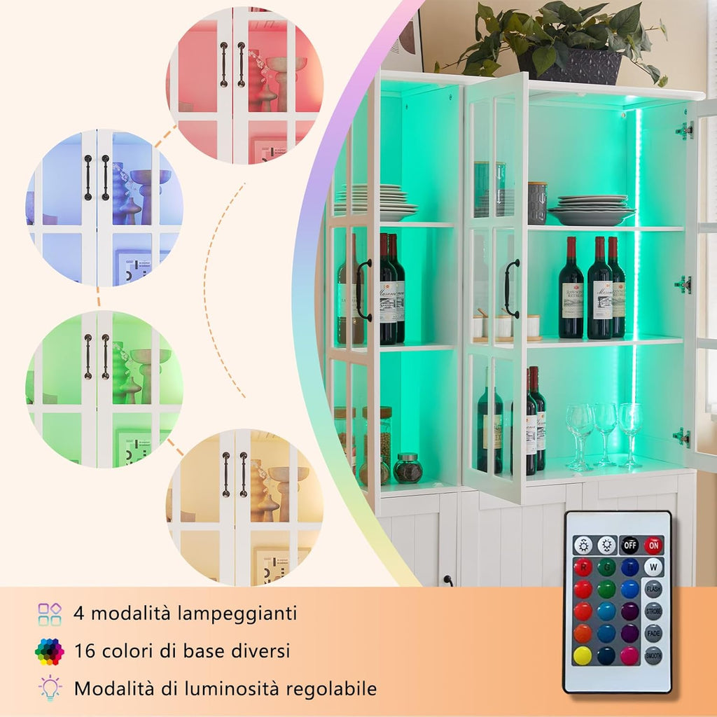 LUXOAK Vitrina con iluminación LED y tiradores retro, armario alto blanco de 180 cm, 6 puertas con ventanas acrílicas y 8 estantes, armario moderno para salón y cocina