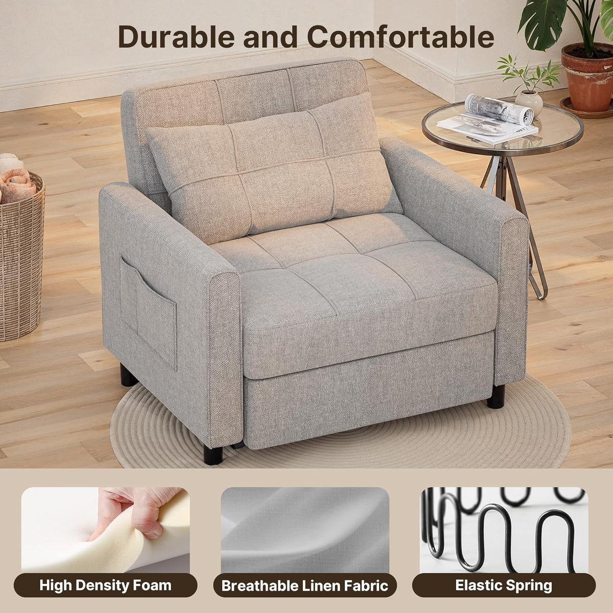 Gizoon Sofá cama convertible 3 en 1, silla cama individual extraíble con respaldo ajustable, sofá multifuncional espacioso para sala de estar, dormitorio, apartamento