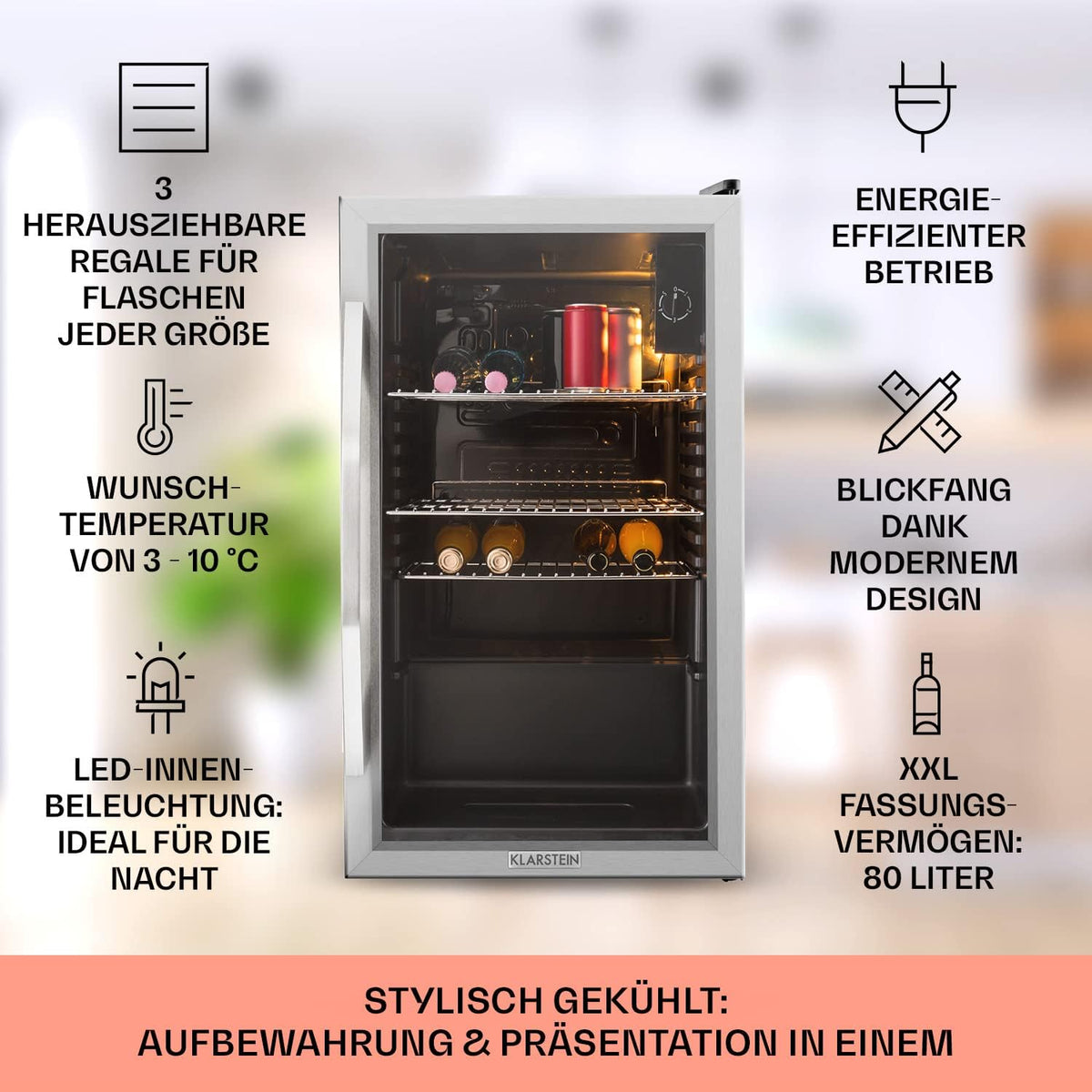 Mininevera Klarstein con puerta de cristal para habitaciones, refrigerador de bebidas con estantes ajustables, pequeño de 80 litros, frigorífico silencioso para interiores/exteriores