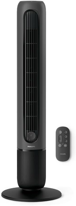 Ventilador de torre Philips serie 5000. Potente flujo de aire de 8,0 m/s, ultra silencioso de 24 dB, bajo consumo energético, mando a distancia, 5 velocidades, modo suspensión, temporizador de 9 h, oscilación de 80° (CX5540/01)