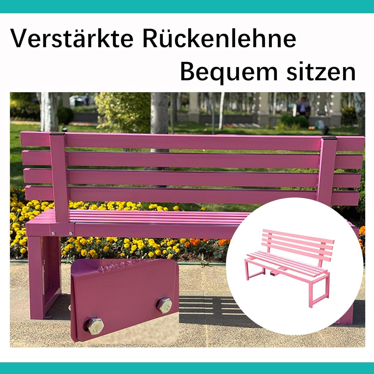 Banco de jardín, banco de exterior resistente a la intemperie, banco de acero metálico, banco de metal para jardín, 100/120/150 cm, con respaldo, capacidad de carga de hasta 200 kg, para terraza, parque, césped, patio, de 2 a 4 plazas, 150×40×85 cm - Rojo