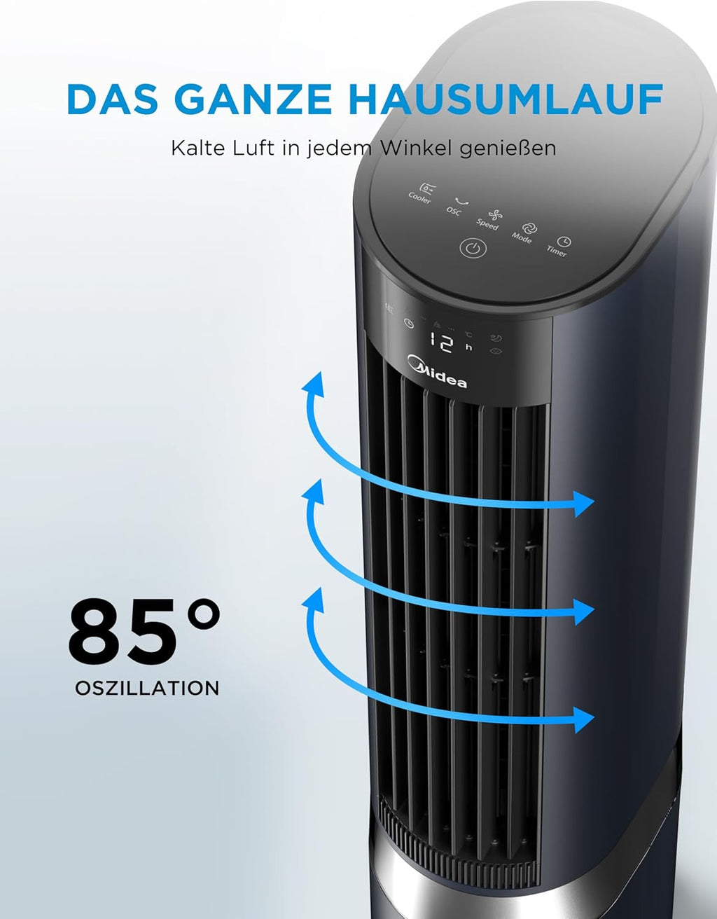 Enfriador de aire Midea Sensicool con refrigeración por agua de 7L | Aire acondicionado portátil sin tubo de escape | Ventilador con refrigeración por agua | Enfriador evaporativo de 2000 m³/h, 6 velocidades, pantalla táctil (azul)