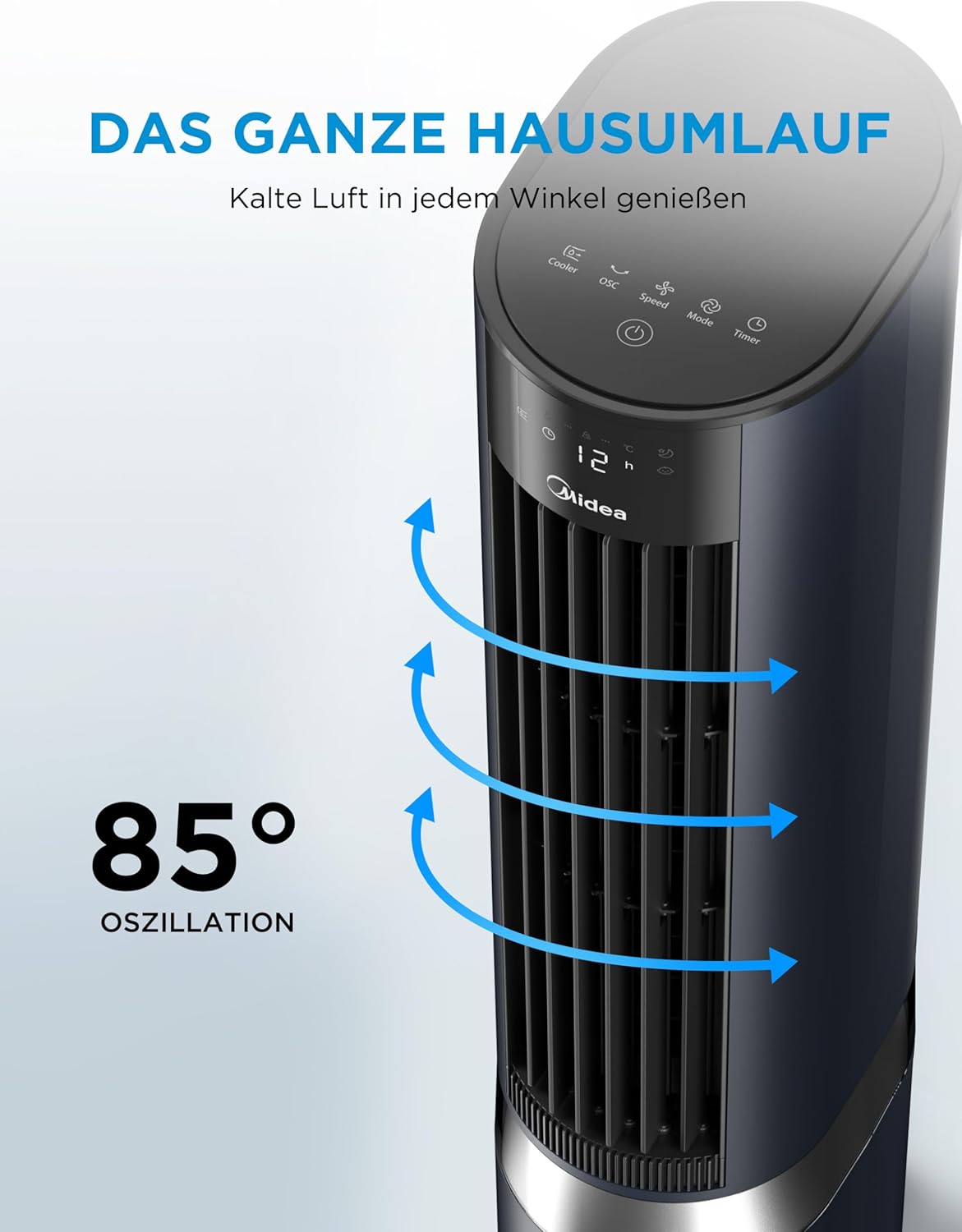 Enfriador de aire Midea Sensicool con refrigeración por agua de 7L | Aire acondicionado portátil sin tubo de escape | Ventilador con refrigeración por agua | Enfriador evaporativo de 2000 m³/h, 6 velocidades, pantalla táctil (azul)