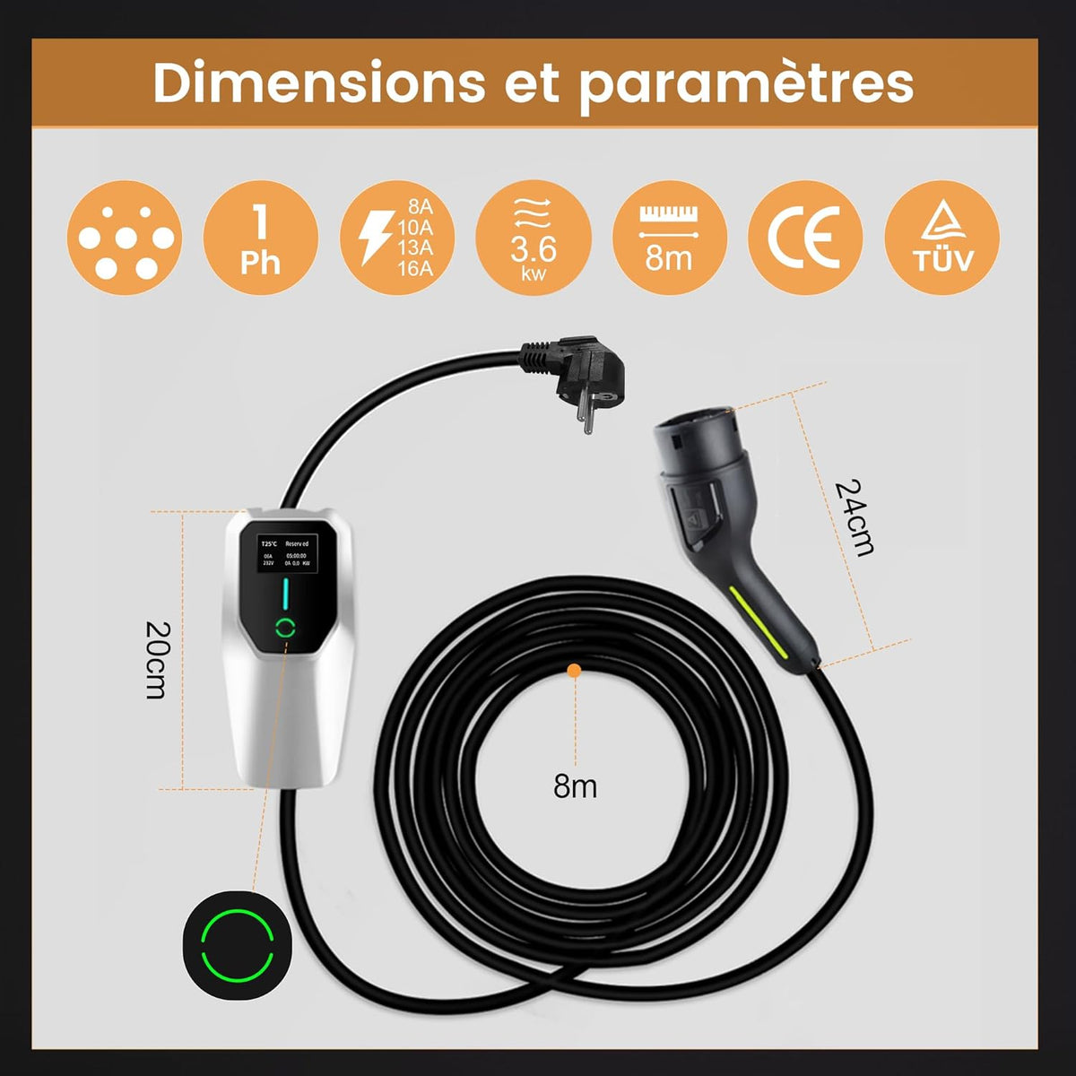 Cargador de vehículo eléctrico AWESAFE Tipo 2, cable de carga de 8 m, ajustable a 6/8/10/13/16 A, con pantalla digital, resistente al agua IP65 (IEC 62196-2 Tipo 2 hembra)
