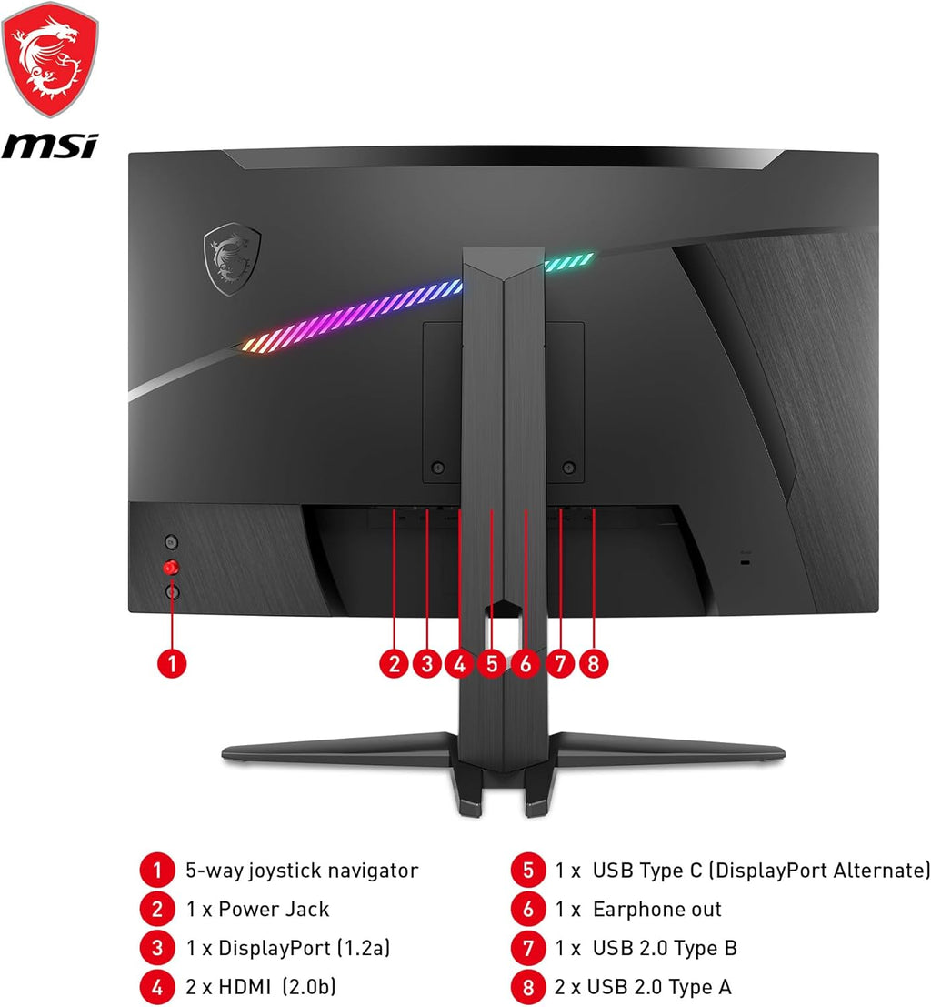 Monitor Gaming curvo MSI MAG 275CQRF-QD de 27" WQHD - Panel Rapid VA 1000R, 2560x1440, 16:9, 170Hz / 1ms, FreeSync Premium, HDR Ready, soporte ajustable - HDMI 2.0b, DisplayPort 1.2a, USB Type-C, USB 2.0